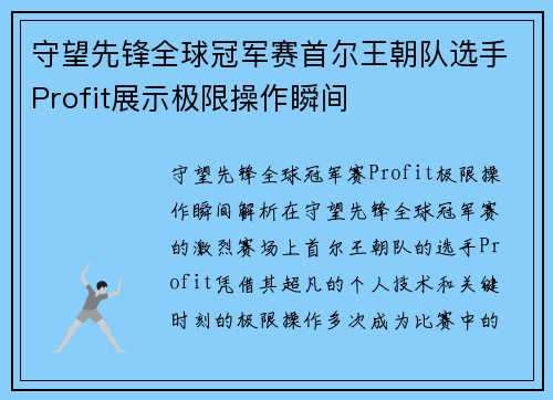 守望先锋全球冠军赛首尔王朝队选手Profit展示极限操作瞬间
